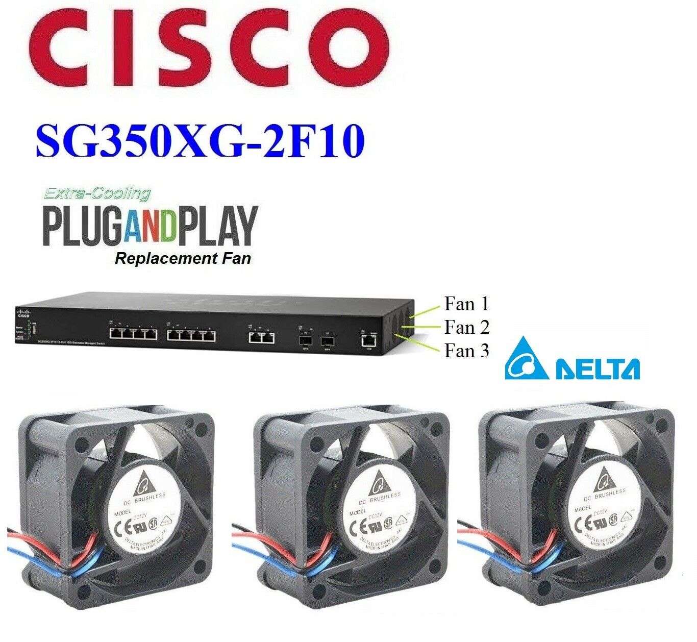 Set of 3x new Delta replacement fans for Cisco SG350XG-2F10