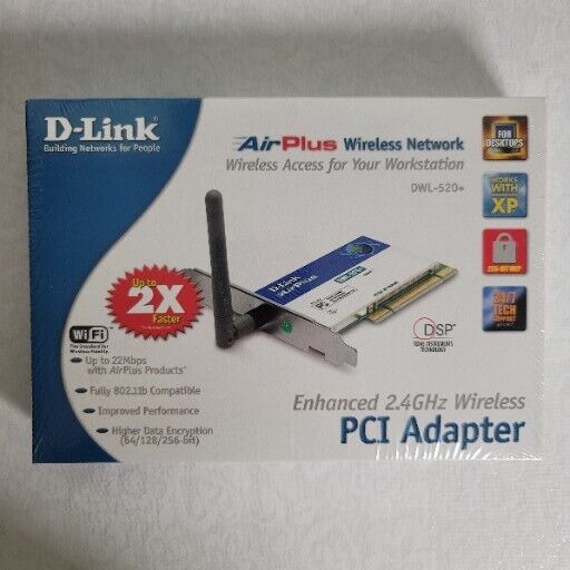 New D-Link Air Plus  Dwl-520+ Wireless Pci Adapter, 802.11B, 22Mbps New Sealed