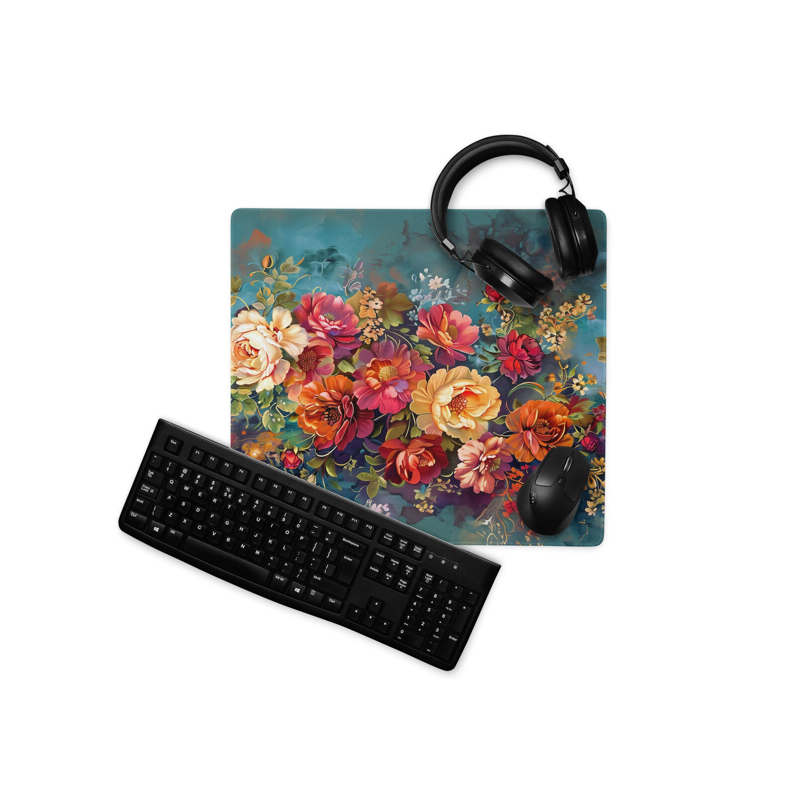 Roses Gaming Mouse Pad, Floral Mousepad, Vintage Print Extended Deskmat