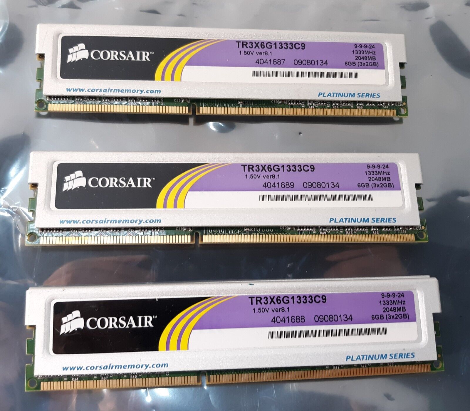 Lot of 3 Corsair TR3X6G1333C9 1333MHz 6GB (3x2GB) DDR3 Memory RAM *AS IS*