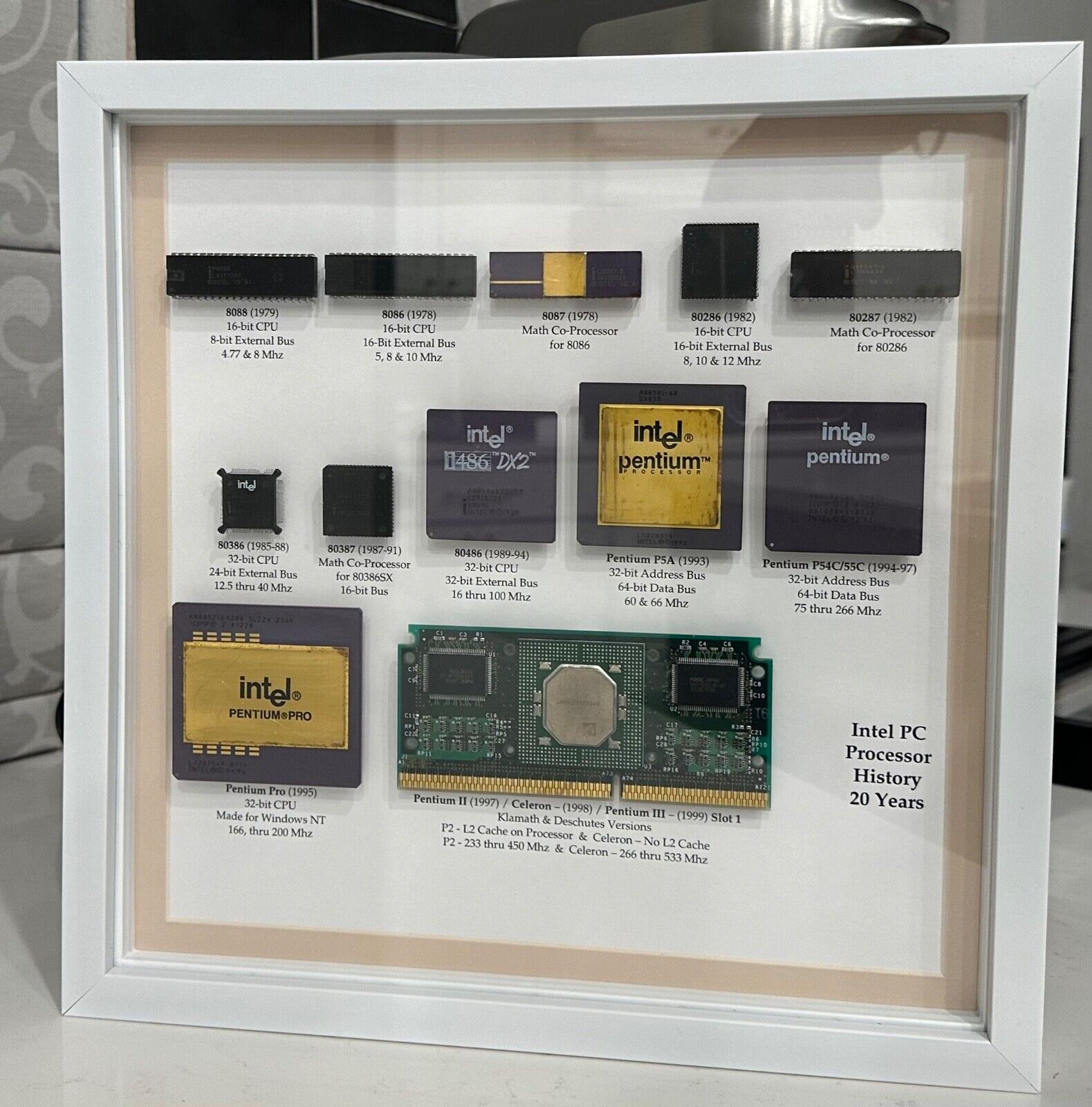 Vintage Intel Personal PC CPU Collection in White Shadowbox Display