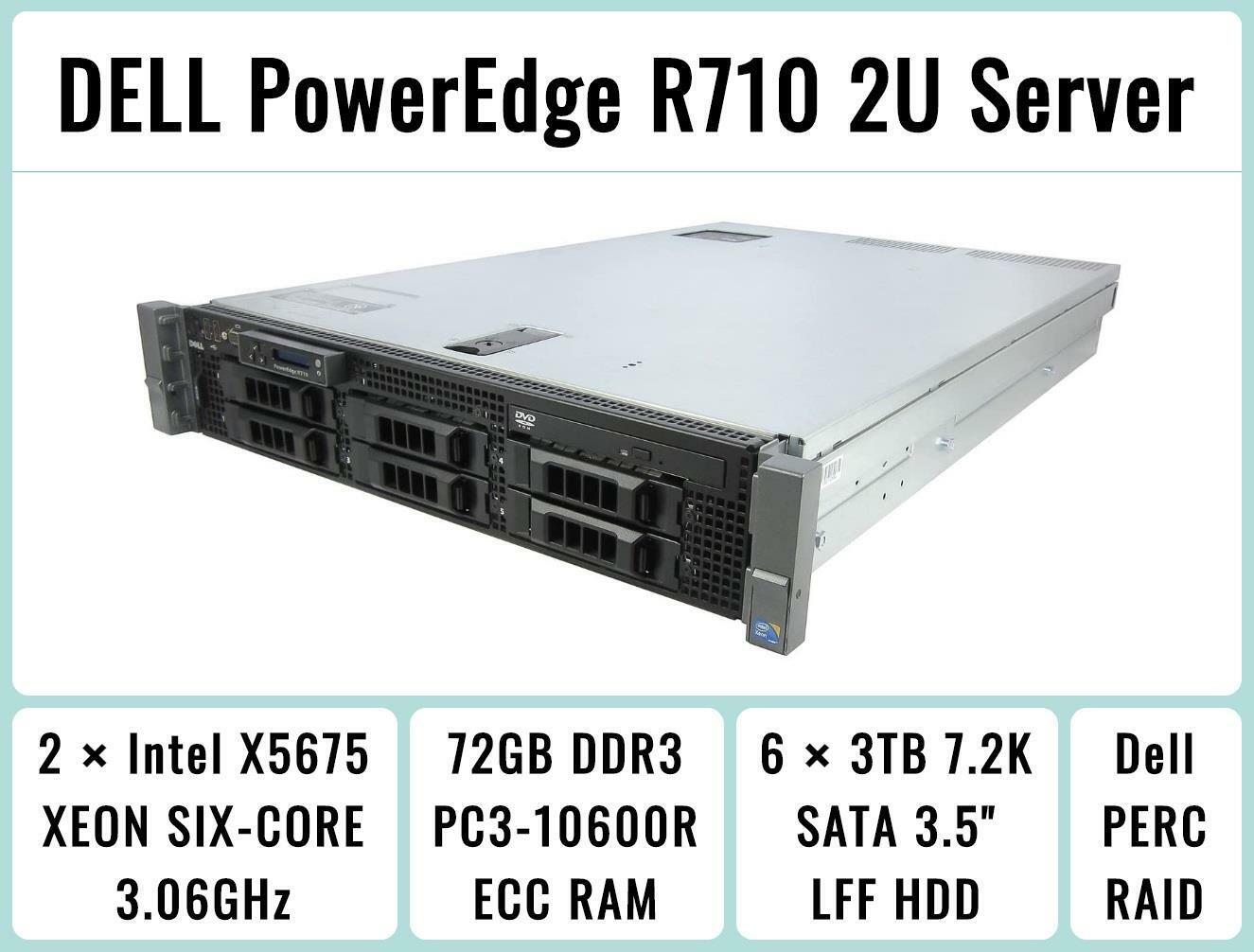 DELL PowerEdge R710 Server 2×Six-Core Xeon 3.06GHz + 72GB RAM + 6×3TB SATA H700
