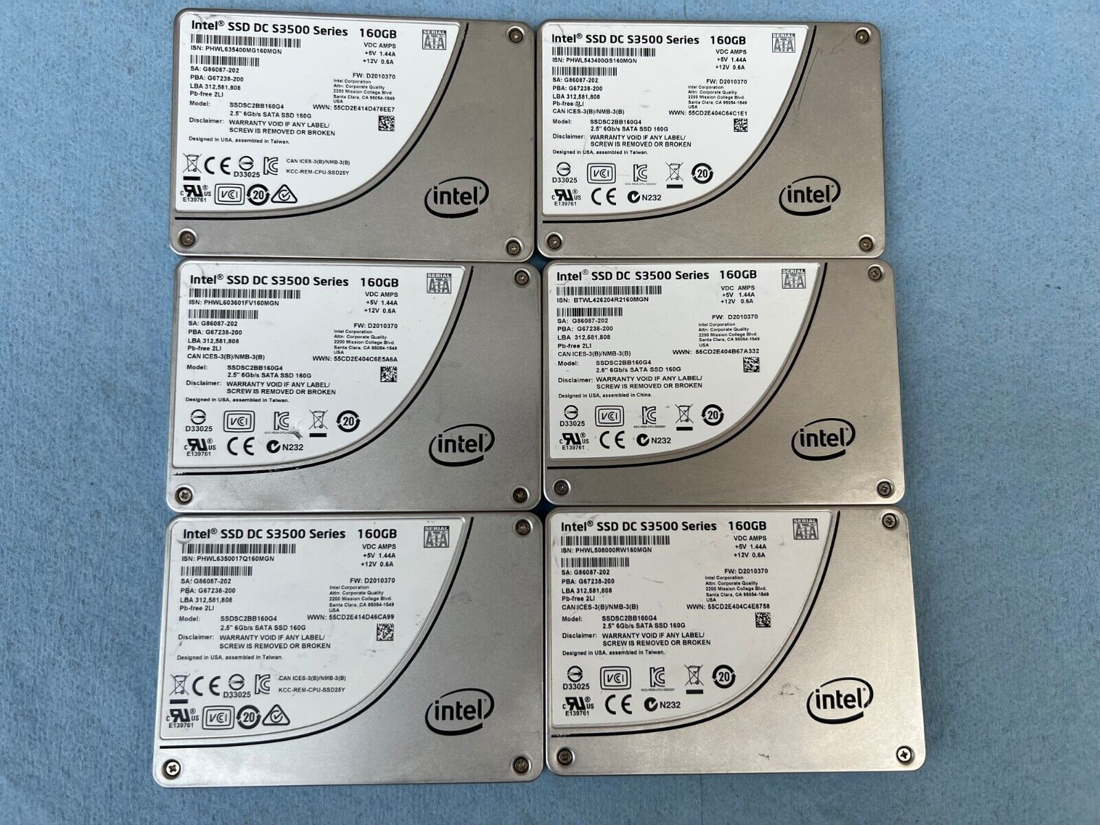 Lot Of 6 Intel 160GB SATA 6Gb/s 2.5  Solid State Drive SSDSC2BB160G4 S3500