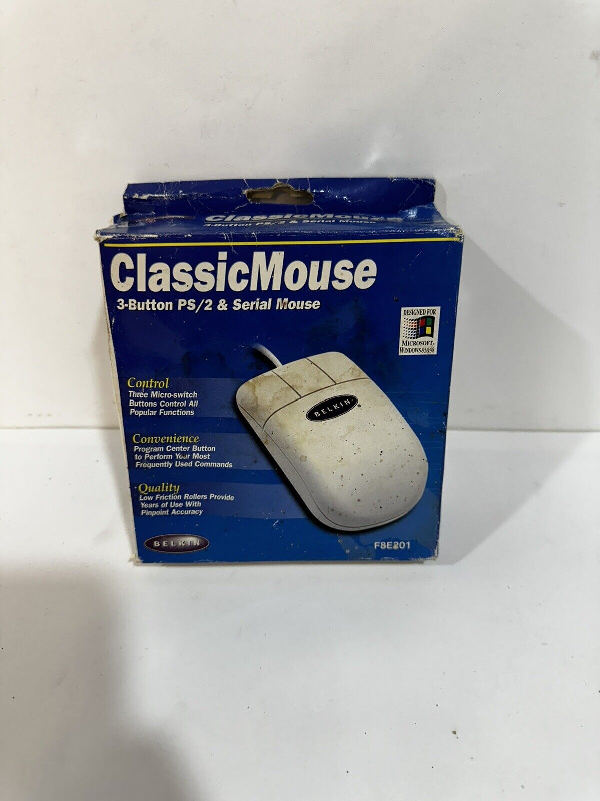 Open Box Vintage Belkin White 3-Button Combo Wired USB Serial PS/2 Mouse F8E201