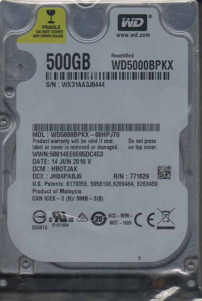 WD5000BPKX-00HPJT0 dcm: HBOTJAK  sn: WX31AA 500GB SATA 2.5\