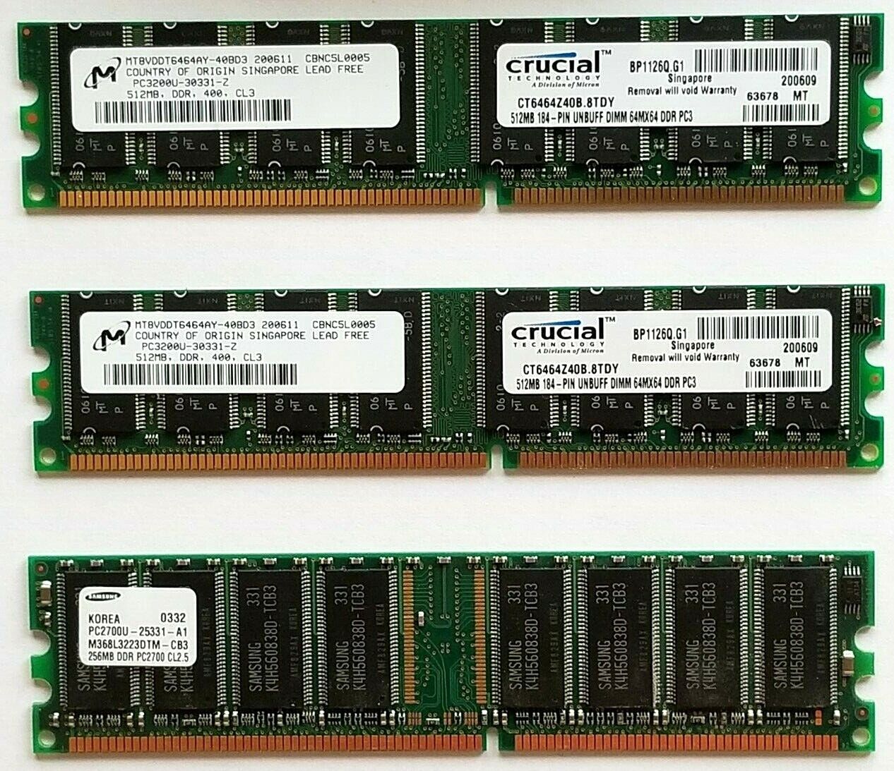 2x Crucial 184-pin 512mb unbuff DIMM 64MX64 DDR PC3 + 1 Samsung 256mb DDR PC2700