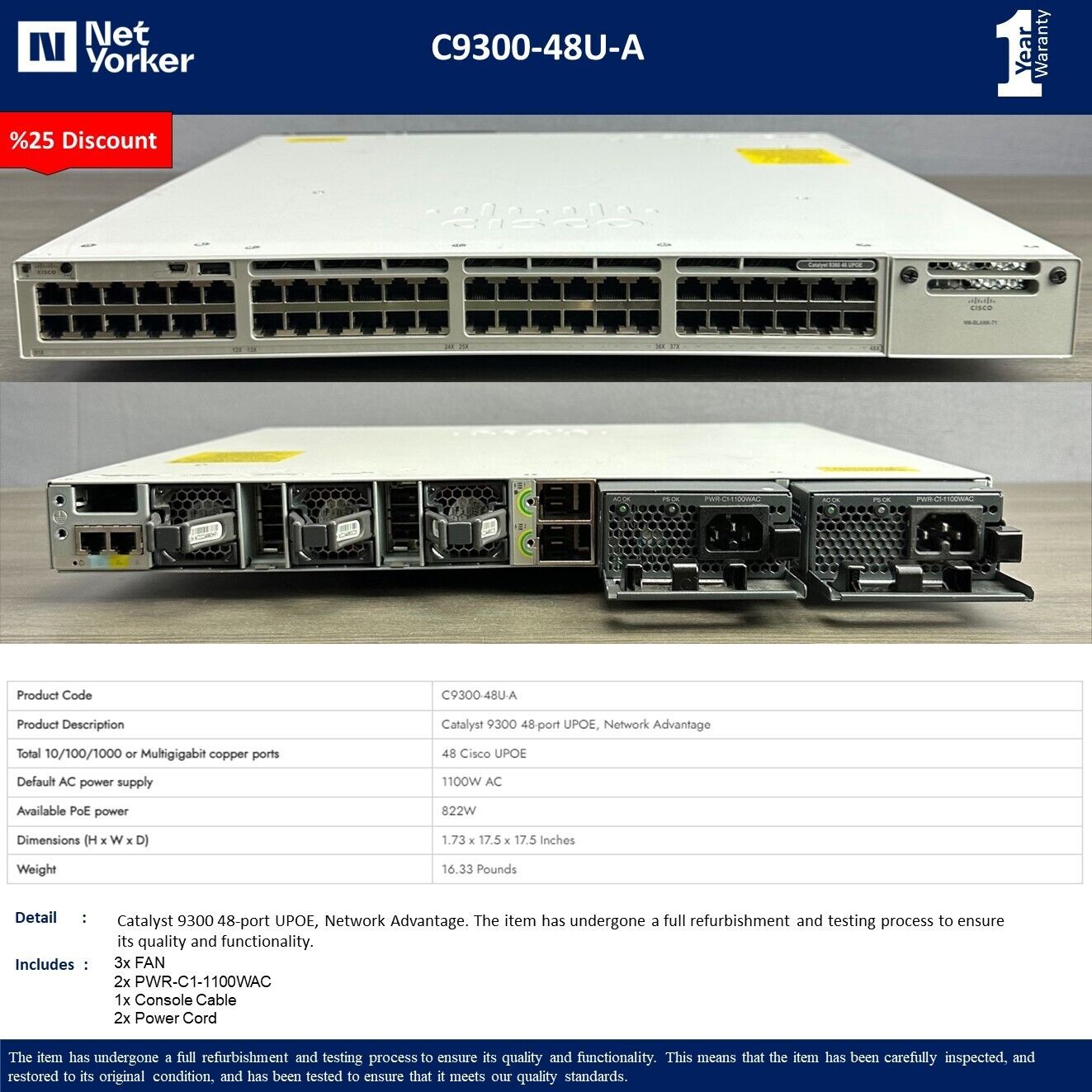 Cisco C9300-48U-A 48-Port Gig UPoE Network Advantage Switch -Same Day Shipping