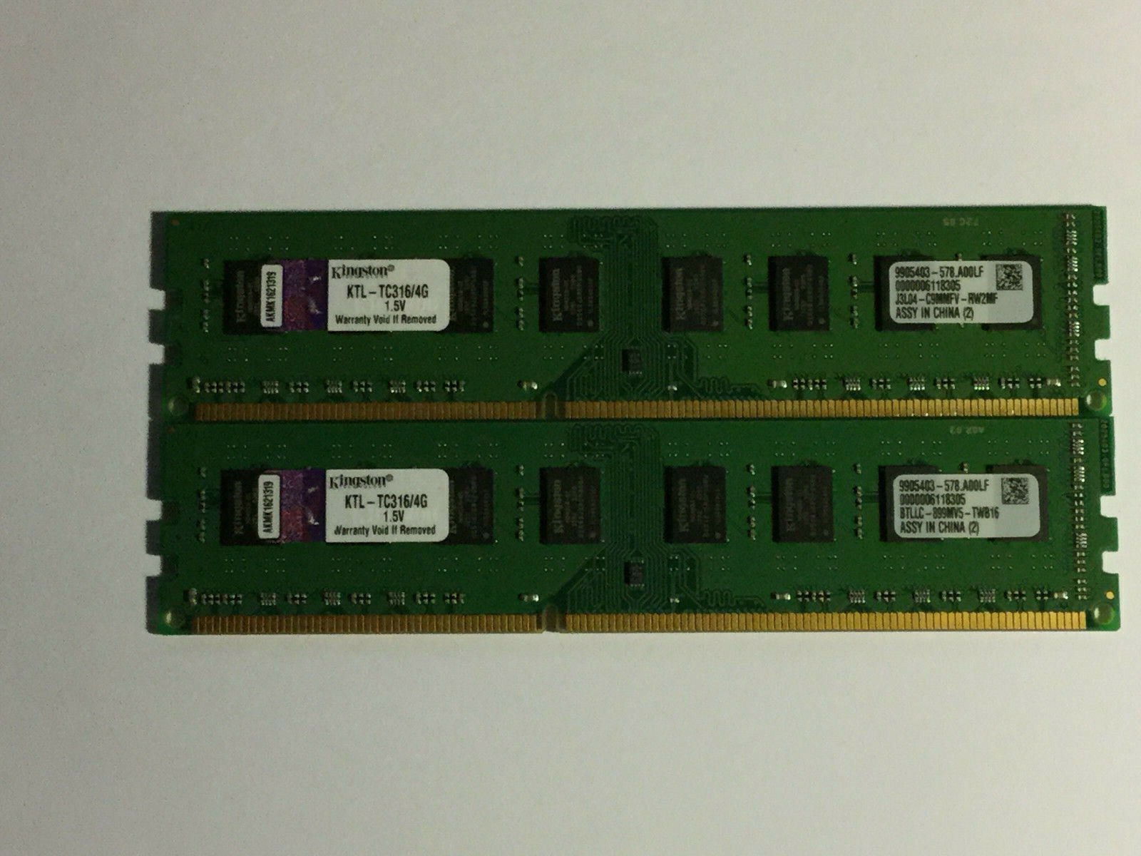 Lot of 2 x 4GB KTL-TC316/4G Kingston PC3-12800 2R x 8 desktop memory