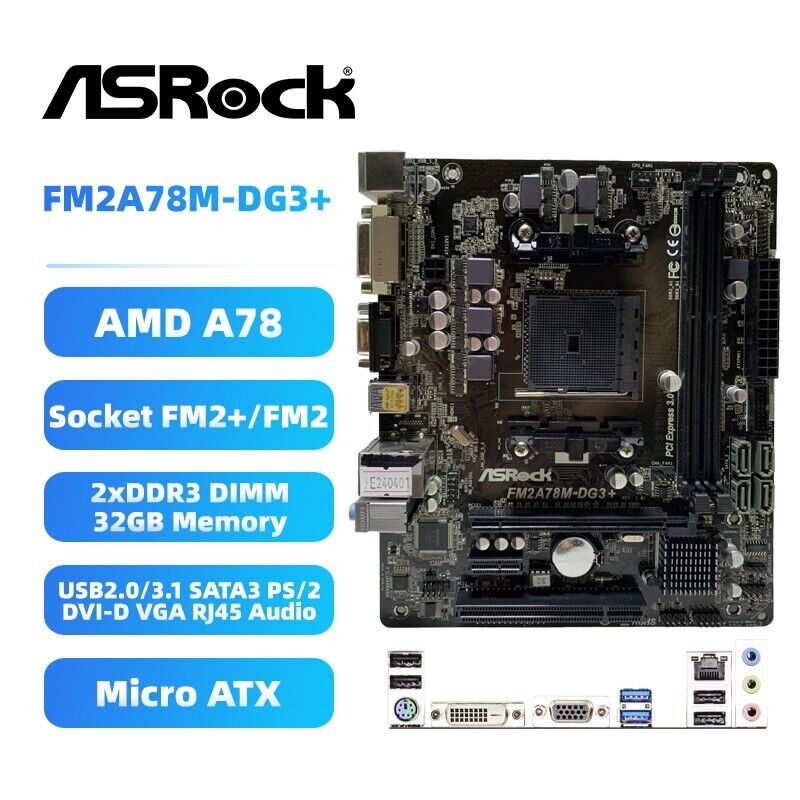 ASRock FM2A78M-DG3+ Motherboard M-ATX AMD A78 FM2+/FM2 DDR3 SATA3 DVI-D VGA+I/O