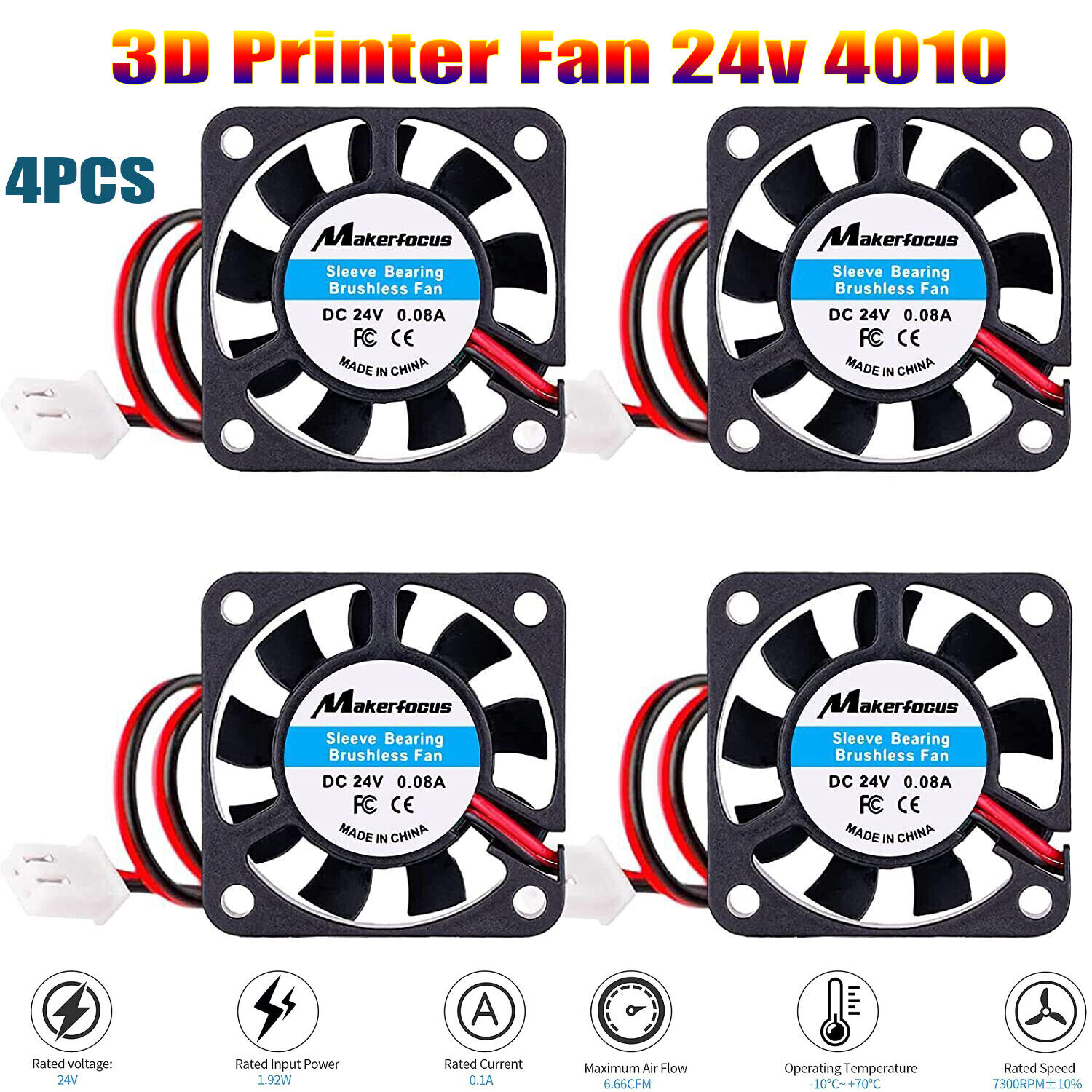4pcs 3D Printer Fan 24v 4010 3D Printer Cooling Fan 40mm Quiet 0.08A DC 2 pin US