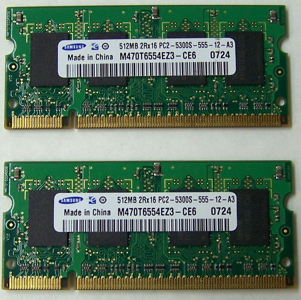 2 Samsung Laptop Memory M470T6554EZ3-CE6 0724 512MB 2Rx16 PC2-5300S-555-12-A3 