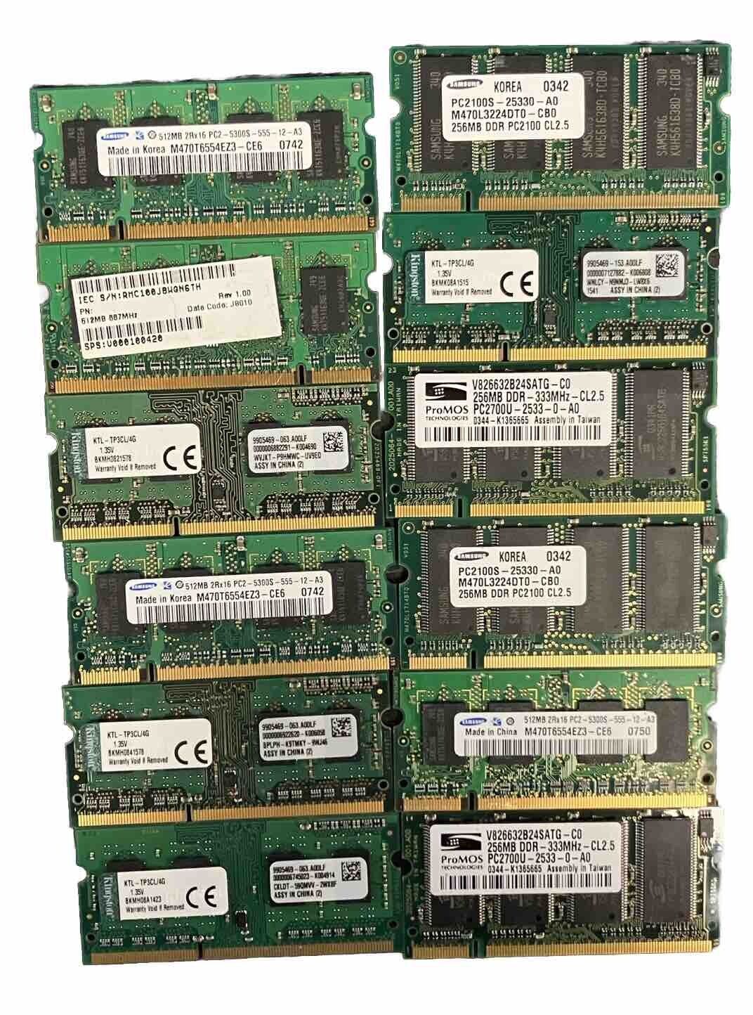 Lot of 12 Untested PC2 RAM Sticks 256MB/512MB Samsung ProMOS Kingston