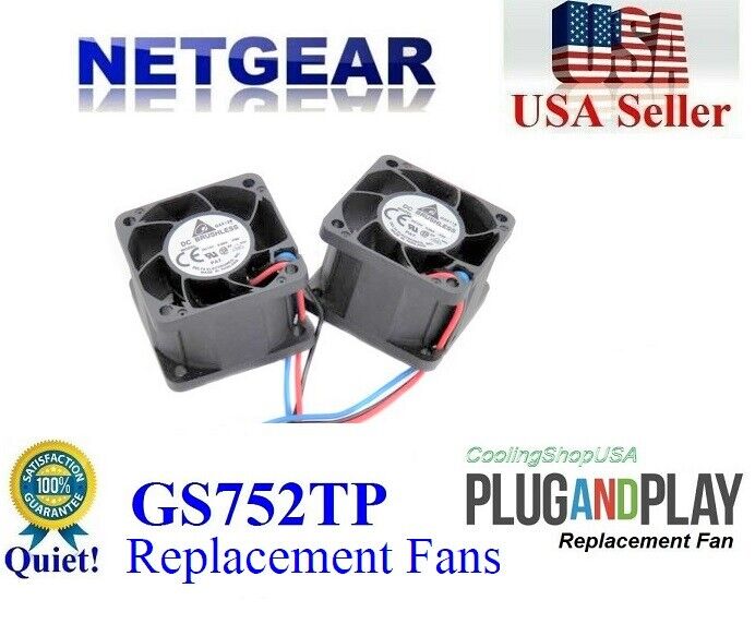 Set of 2x Quiet Version Fans for Netgear ProSafe GS752TP Smart Managed Switch