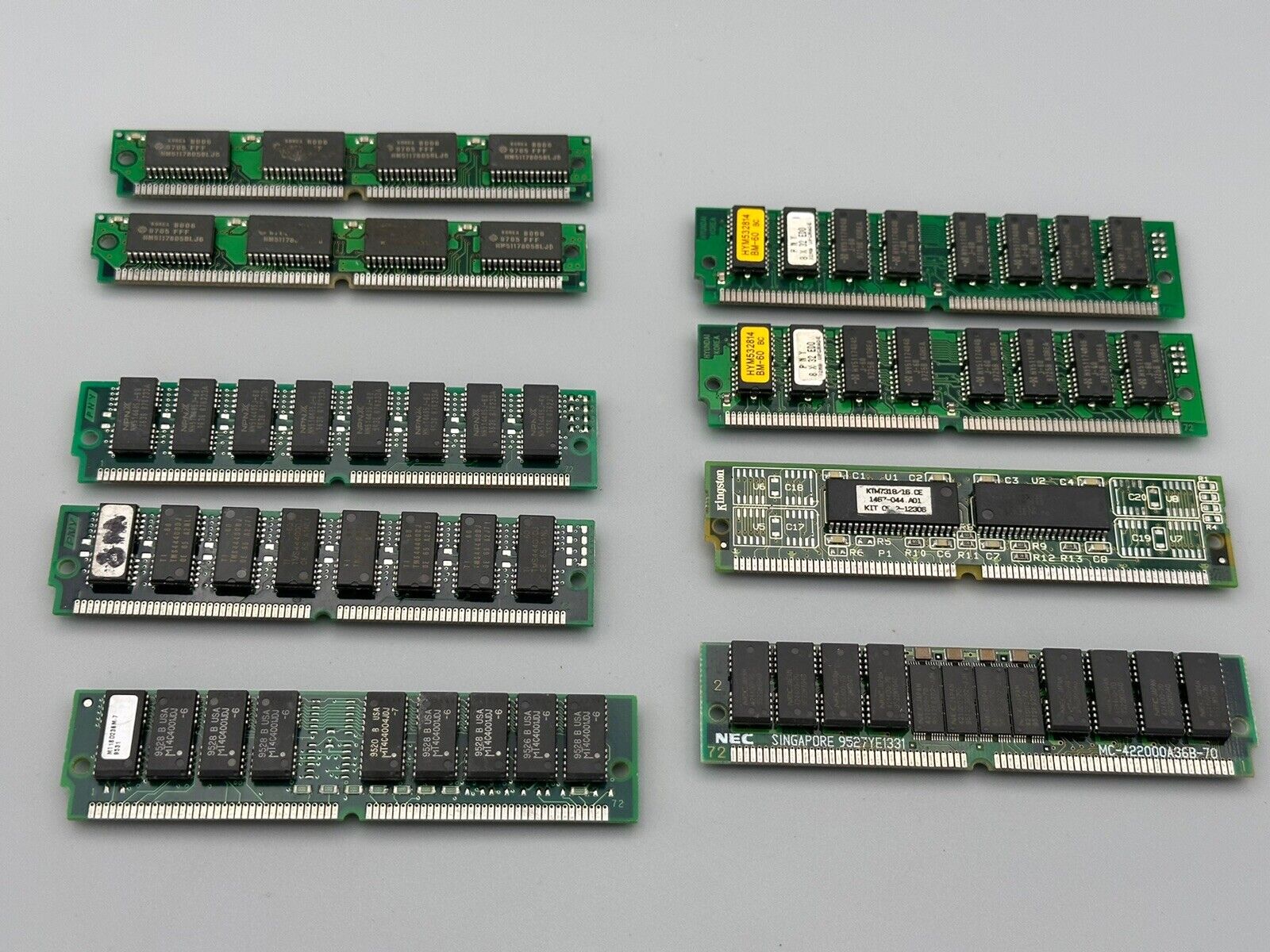 Lot of 9 Vintage RAM Memory Sticks, 32Mb, 72pin, PNY, Kingston, NEC, +