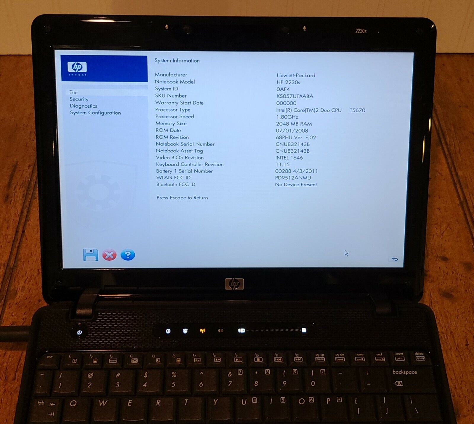 HP Compaq 2230s Core 2 Duo T5670 @ 1.8GH, 2GB DDR2, No HDD, Boots/Posts.