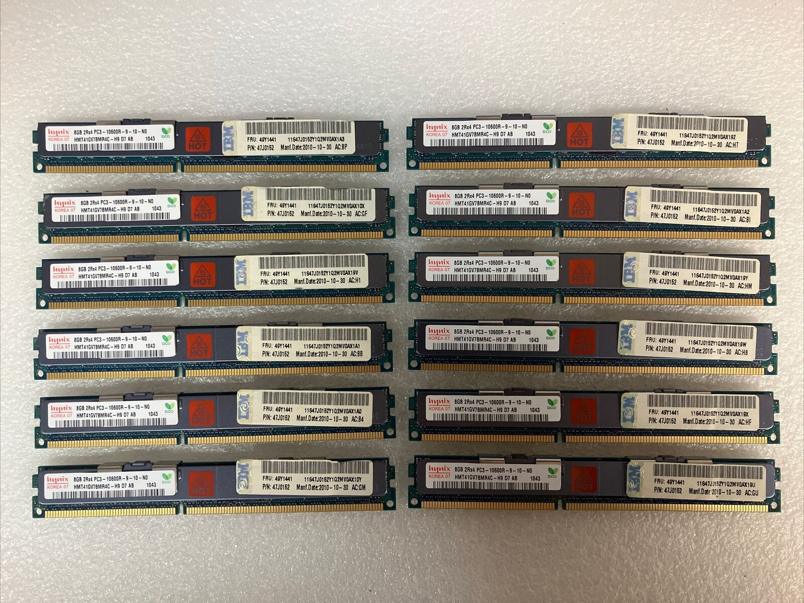(12x 8GB) Hynix IBM 2RX4 PC3-10600R 49Y1441 47J0152 HMT41GV7BMR4C DDR3 ECC RAM ~