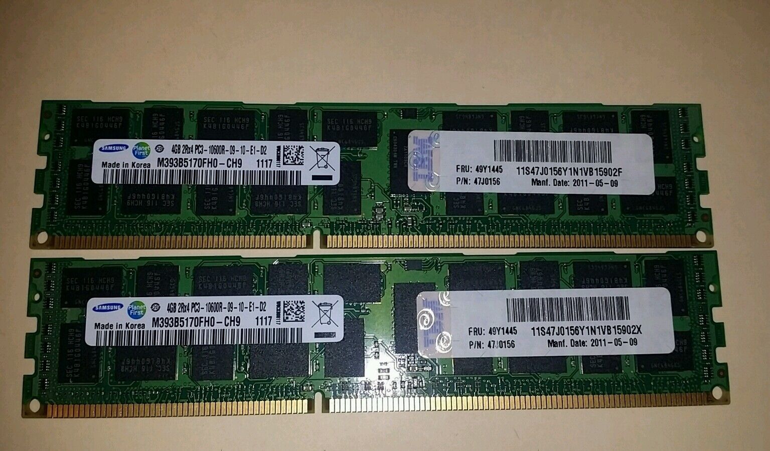  2 X 4GB IBM 49Y1445 Samsung M393B5170FH0-CH9 2Rx4 PC3-10600R REG Memory @ 