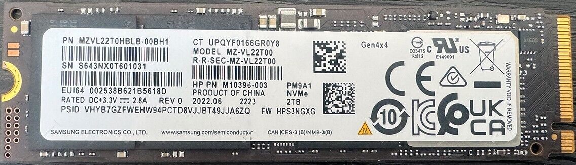 Used Samsung PM9A1 2TB m.2 NVME 100% Health status PCI-E 4.0X4  support PC&PS5