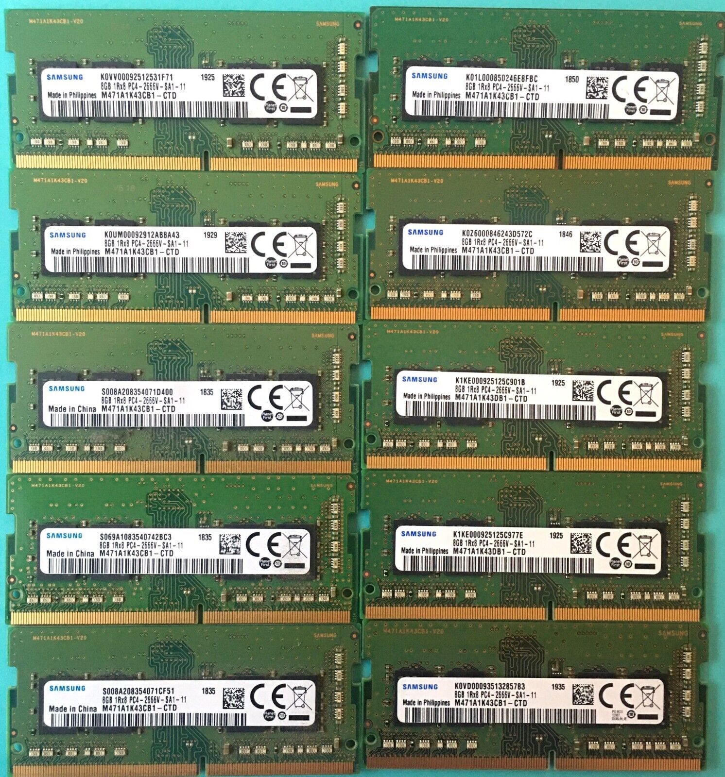LOT OF 10 SAMSUNG 8GB 1Rx8 PC4-2666 DDR4 SODIMM Laptop Memory  M471A1K43CB1-CTD