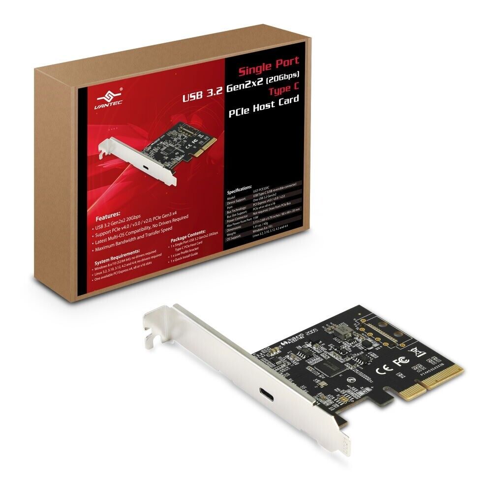 Vantec Single Port USB 3.2 Gen2x2 20Gbps Type C PCIe Host Card