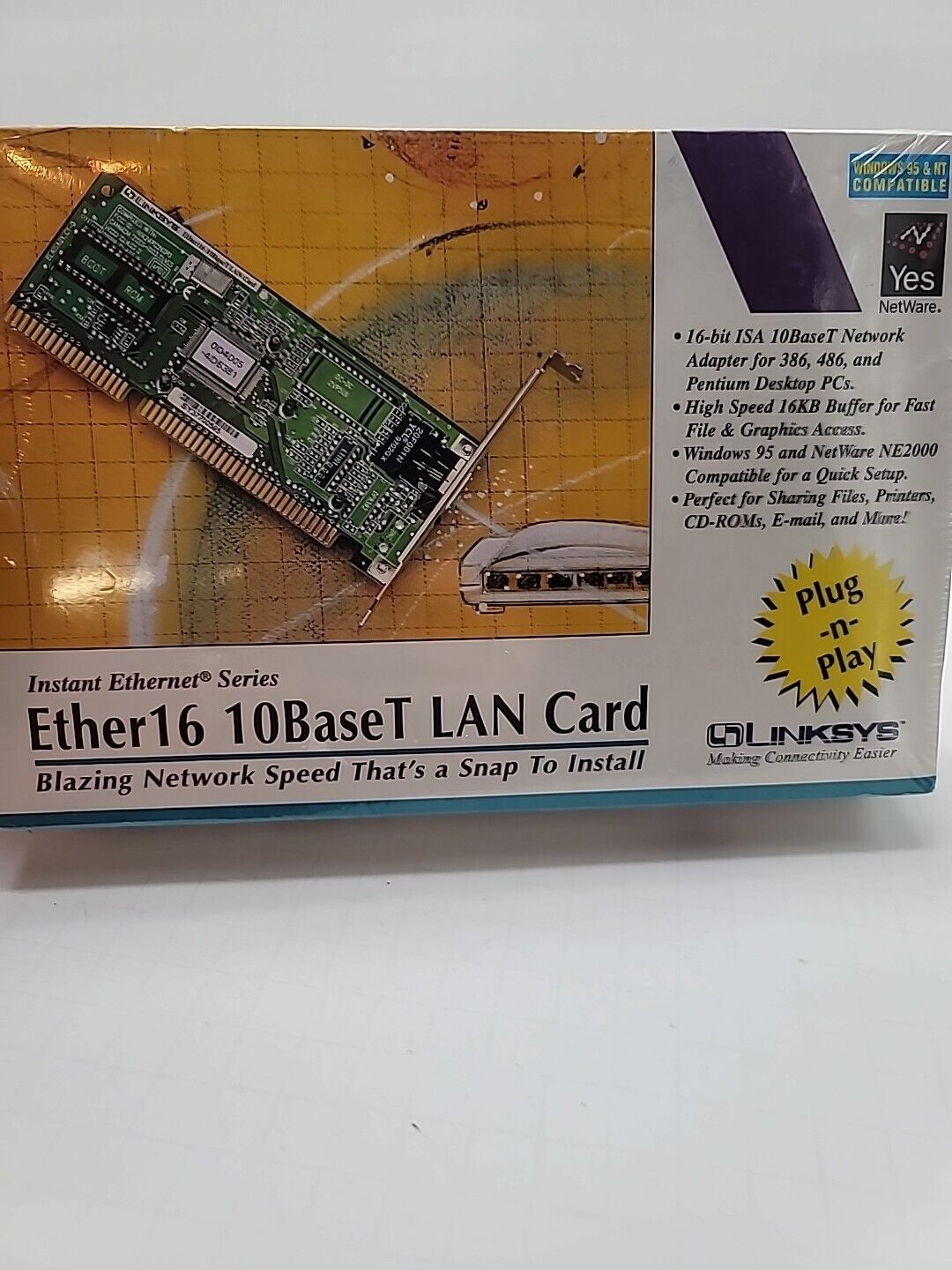 Linksys Ether16 10BaseT LAN Card LNE2000T Plug-n-Play Windows 95 Factory Sealed 