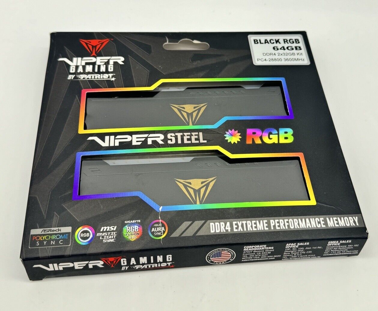 PATRIOT Viper Steel RGB DDR4 kit 64 GB: 2 x 32 GB DIMM 288-pin PVSR464G360C8K