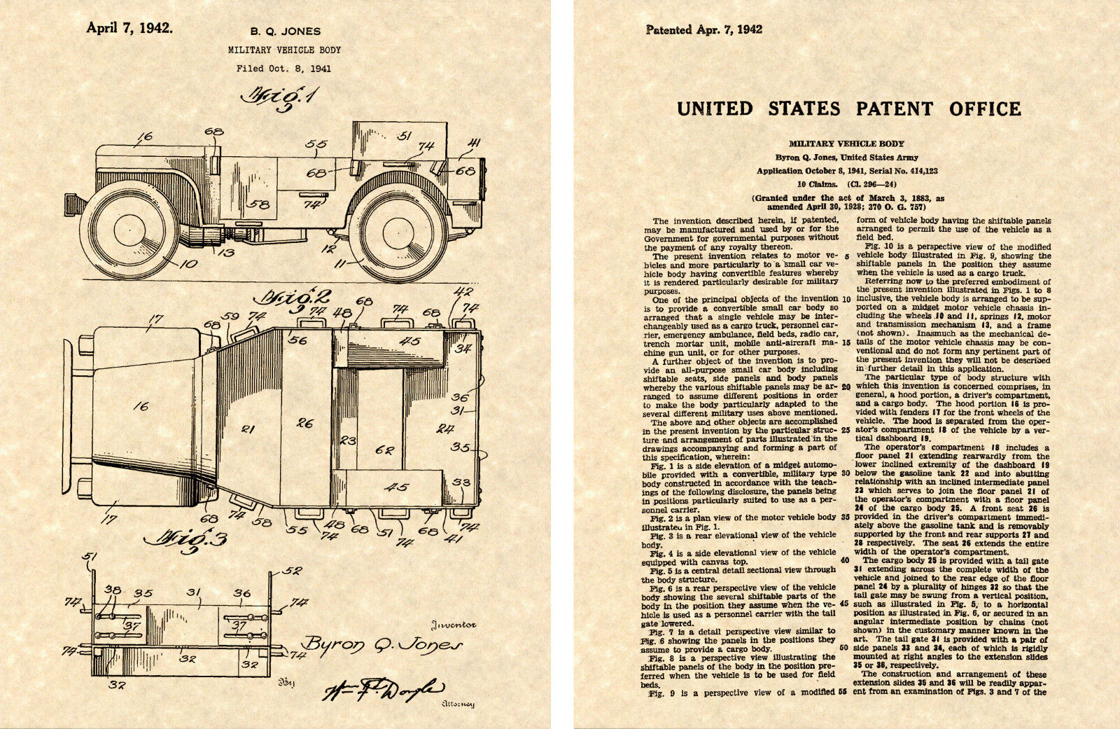JEEP WILLYS US PATENT GP GPW Art Print READY TO FRAME World War II
