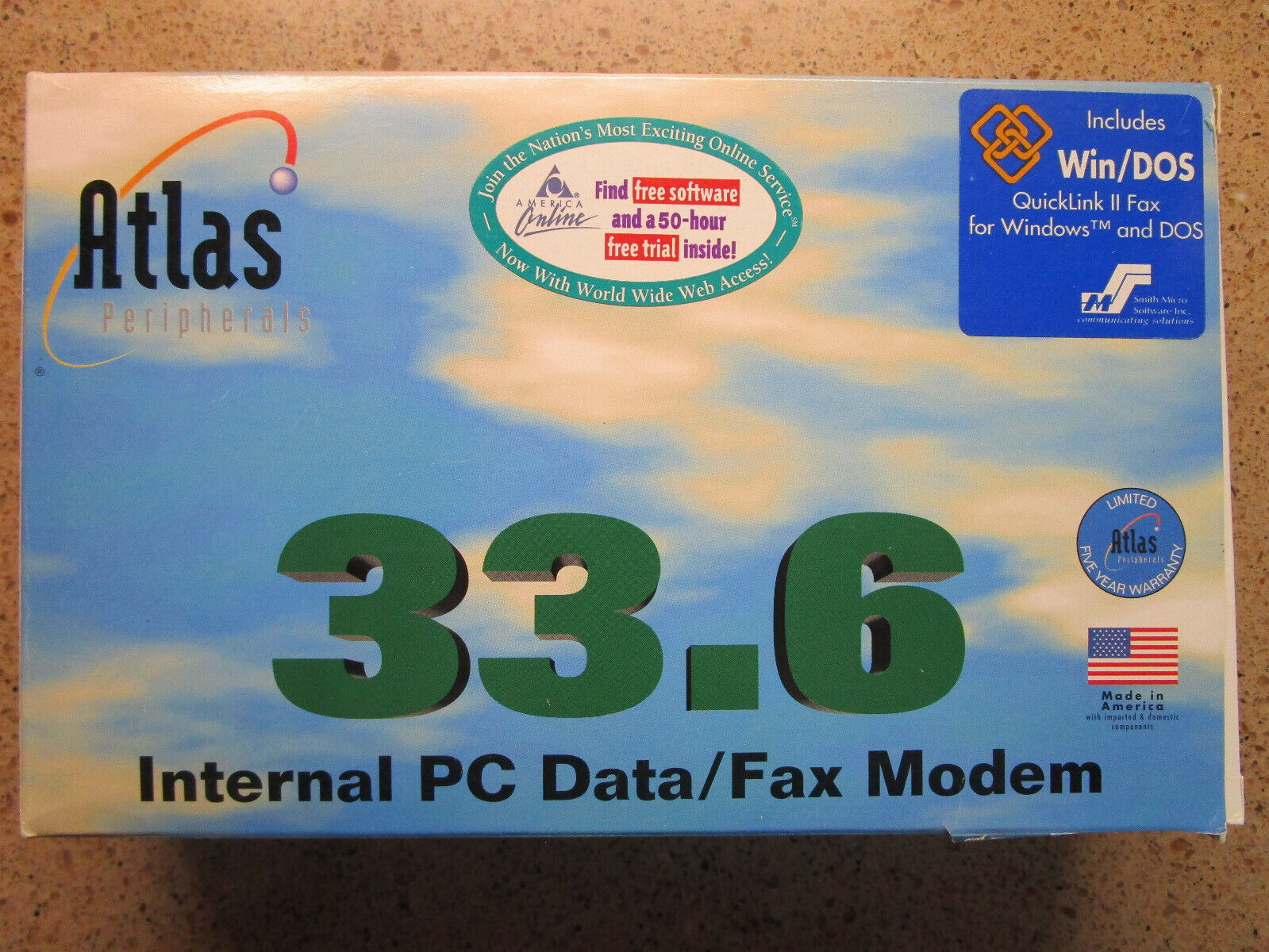 VINTAGE Atlas Peripherals Internal PC Data Fax Modem 33,600bps DOS Quicklink AOL