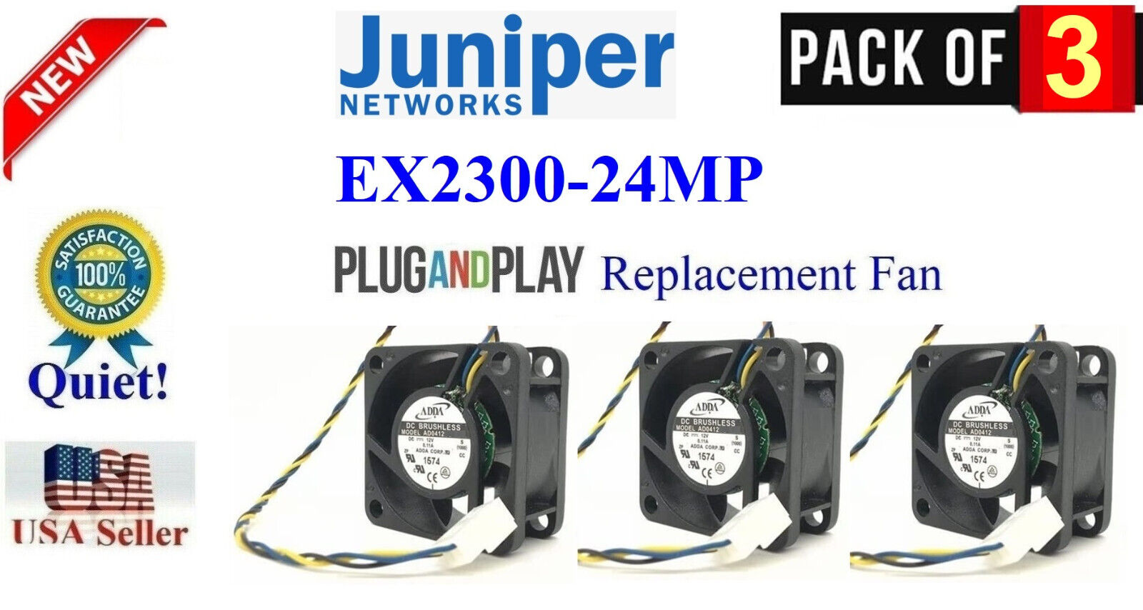 3x Quiet Replacement Fans for Juniper Networks EX2300-24MP