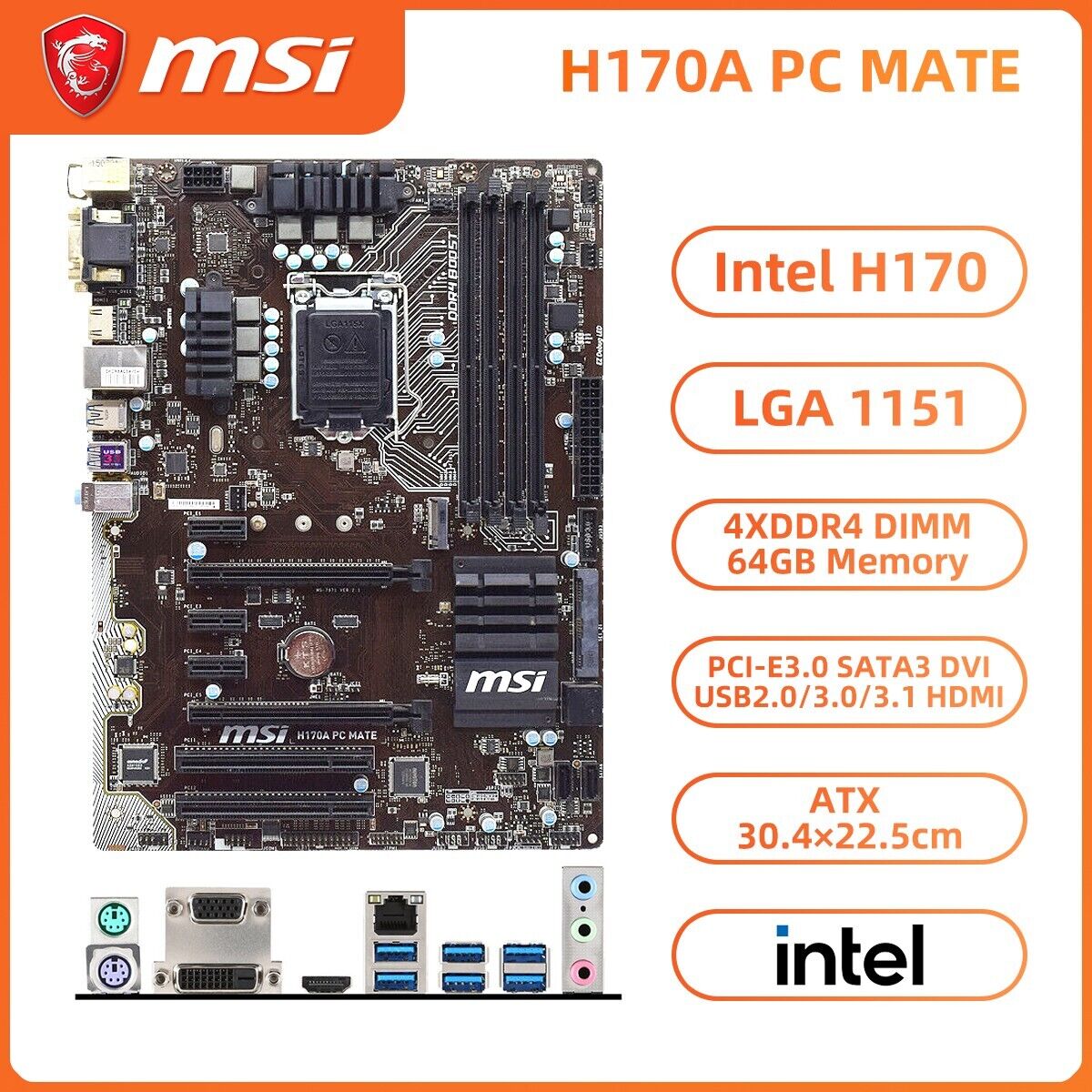 MSI H170A PC MATE Motherboard ATX Intel H170 LGA1151 DDR4 64GB SATA3 HDMI Audio