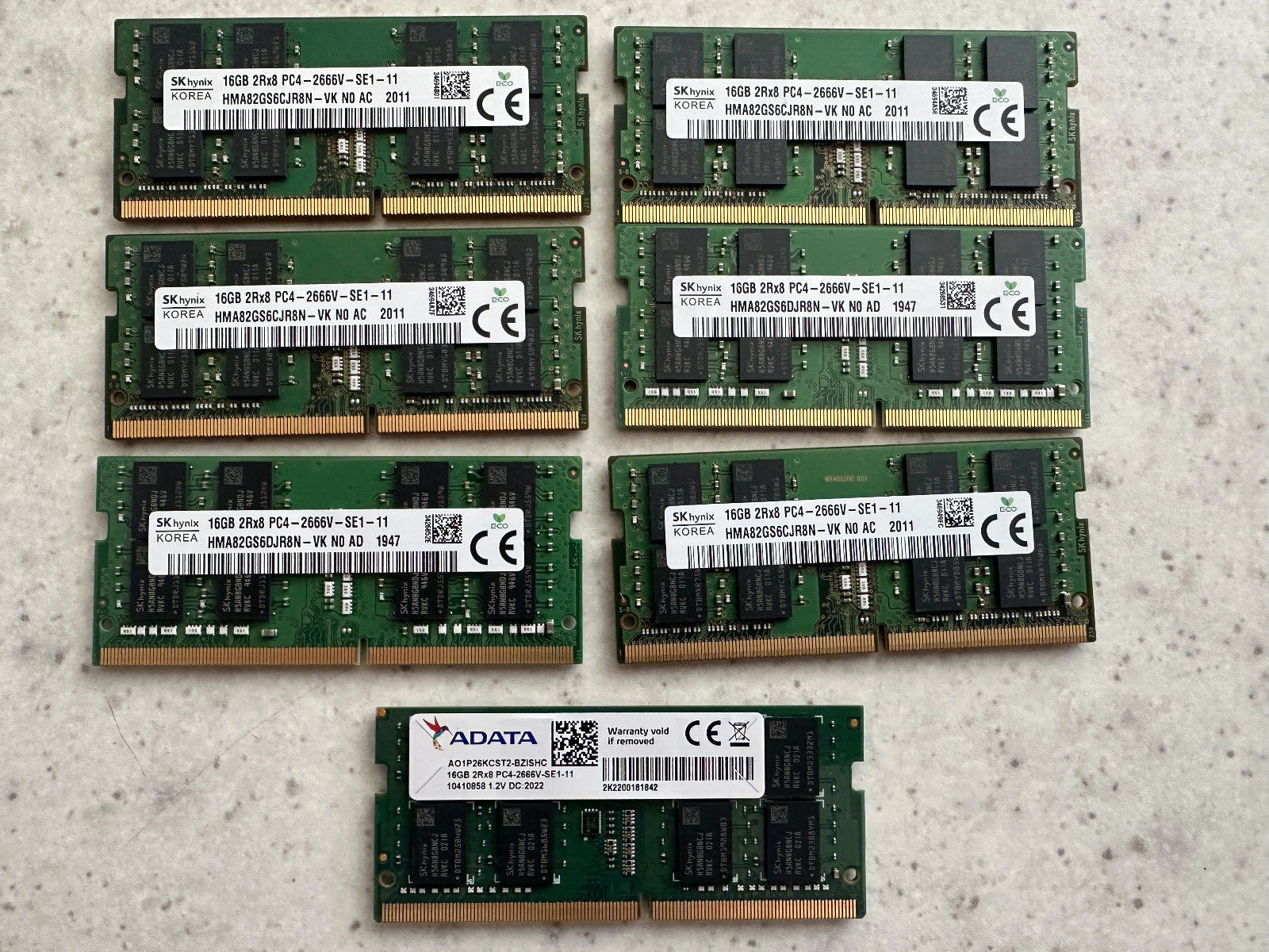 Lot of (7) Adata/Hynix 16GB PC4-2666V DDR4 2RX8 Laptop Ram  16GB per stick