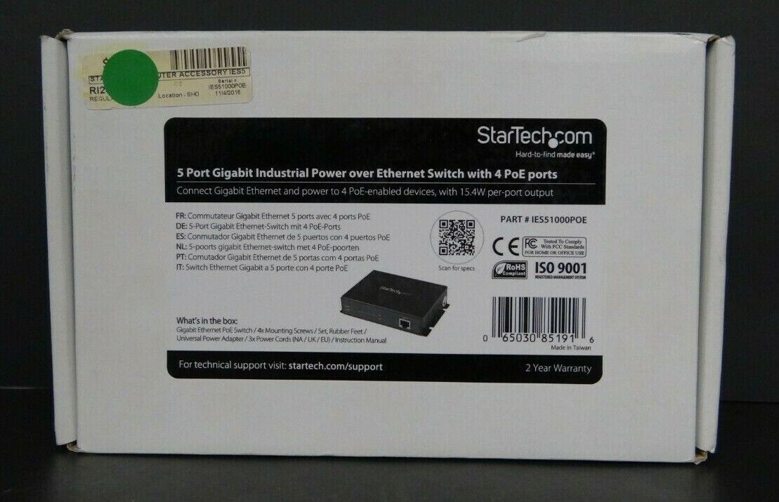 (RI2) StarTech.com IES51000POE 5 Port Gigabit POE Switch w/ 4 Ports 