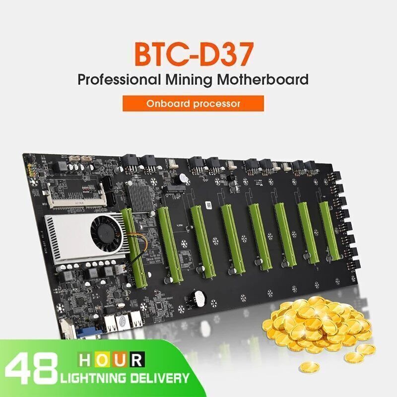 BTC D37 Mining Motherboard with CPU Fan & 8 GPU Slots PCIE X16 (Slot Pitch 55mm)