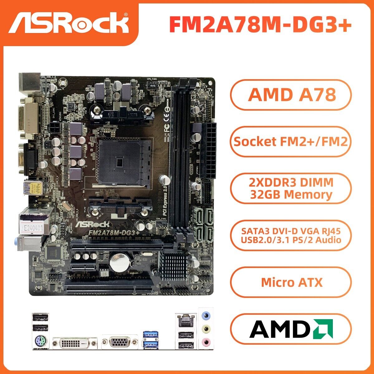 ASRock FM2A78M-DG3+ Motherboard M-ATX AMD A78 FM2+/FM2 DDR3 SATA3 DVI-D Audio