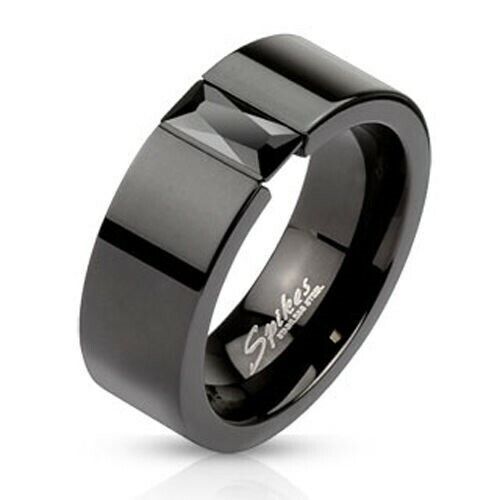 Stainless Steel Men's Black Squared Band Ring with Black Rectangular CZ