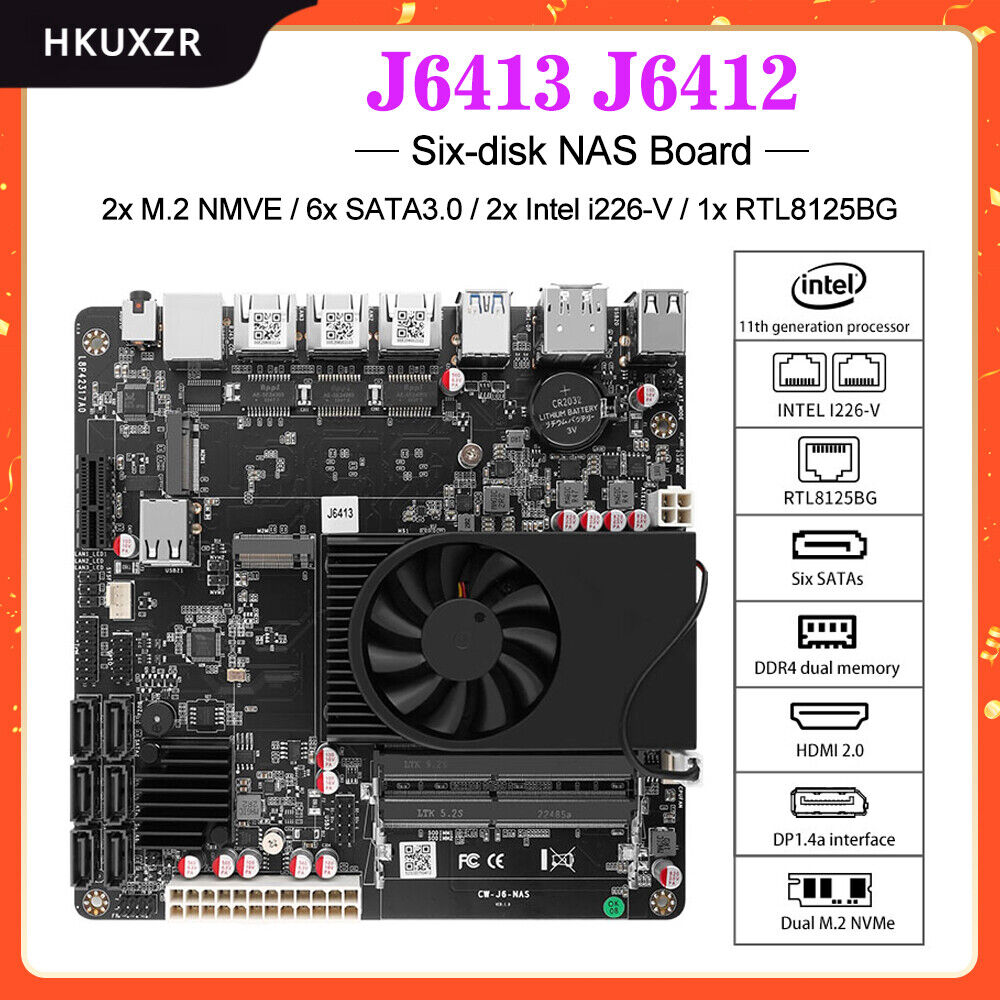 NAS Motherboard Celeron J6413 J6412 2*Intel i226-V 1*RTL8125BG 2.5G LANs 2*NVMe 