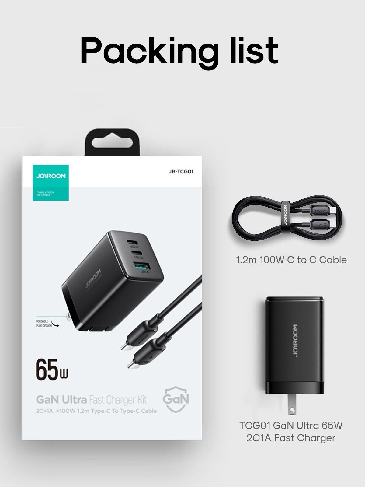 GaN Ultra 65W Fast Charger-Black+100W C to C Cable For Apple Samsung 1.2m-Black 
