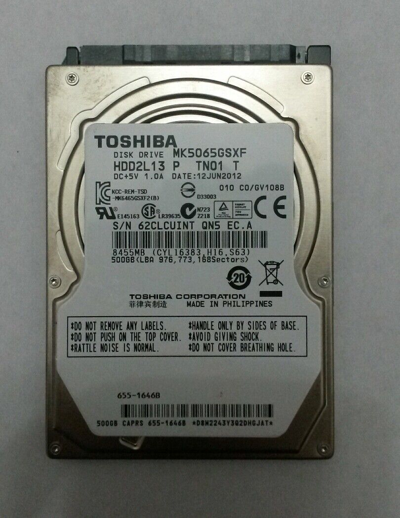 TOSHIBA MK5065GSXF 500GB SATA Laptop Drive HDD2L13 Firmware:C0/GV108B
