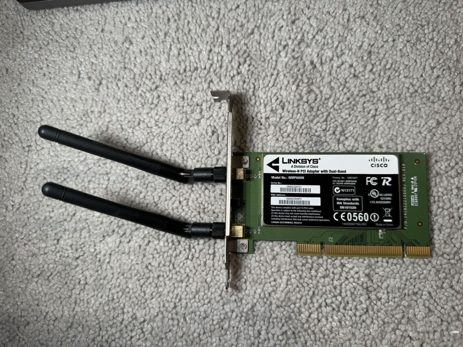 Linksys Cisco Wireless-N Card PCI Dual Band Network Card WMP600N With Antennas