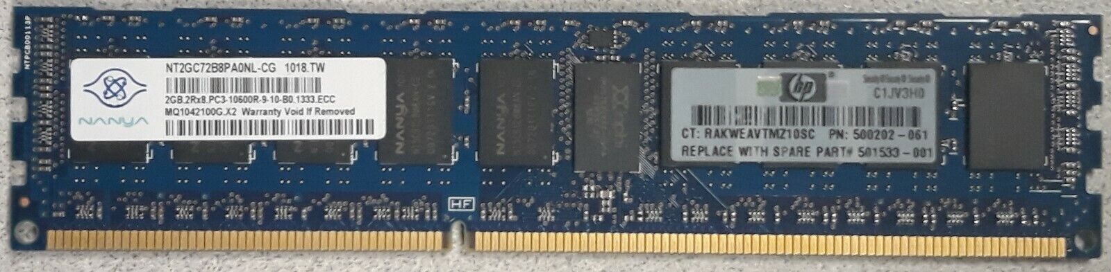 Lot of 2 Nanya 2GB 2Rx8 PC3-10600R-9-10-B0 Server Memory NT2GC72B8PA0NL-CG