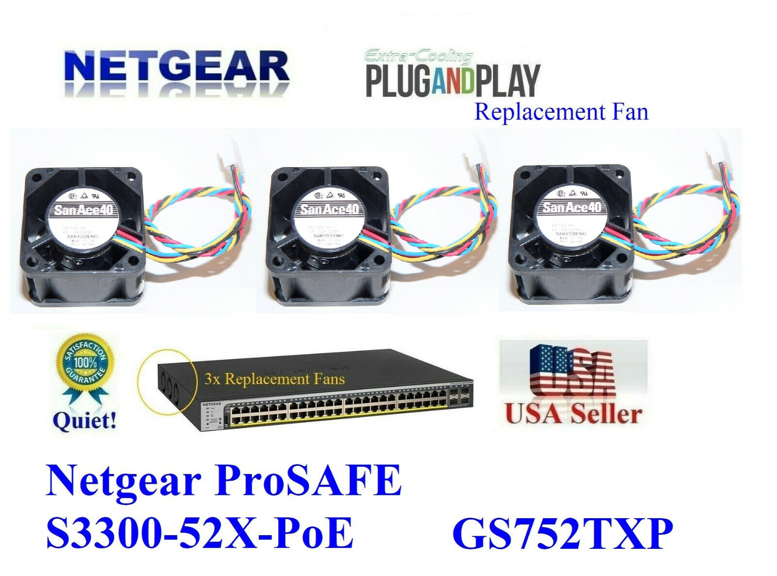 3x **Quiet** Version Replacement Fans for NETGEAR GS752TXP S3300-52X-PoE+