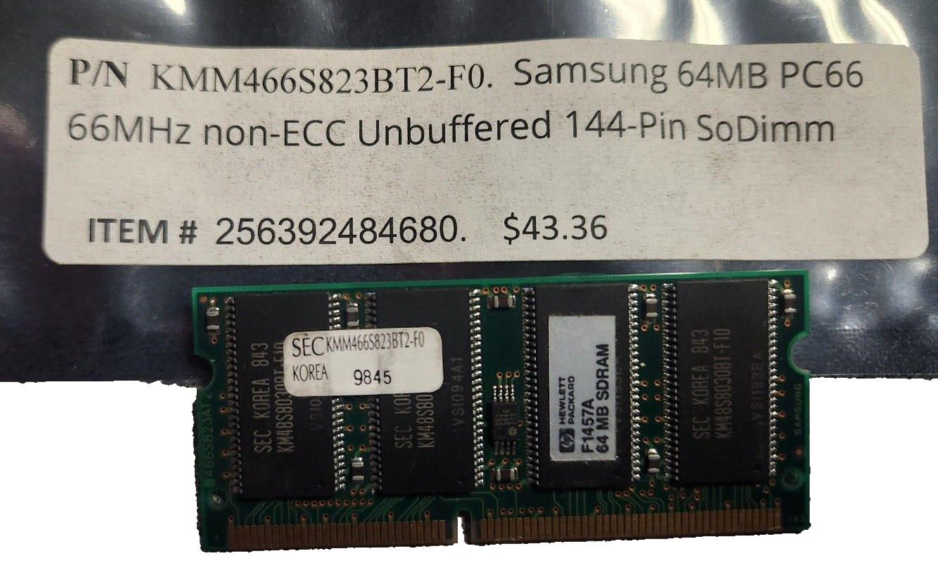 P/N  KMM466S823BT2-F0.  Samsung 64MB PC66 66MHz non-ECC Unbuffered 144-Pin SoDim