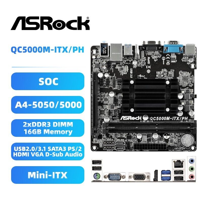 ASRock QC5000M-ITX/PH Motherboard mATX SOC AMD A4 5050/5000 DDR3 SATA3 HDMI VGA