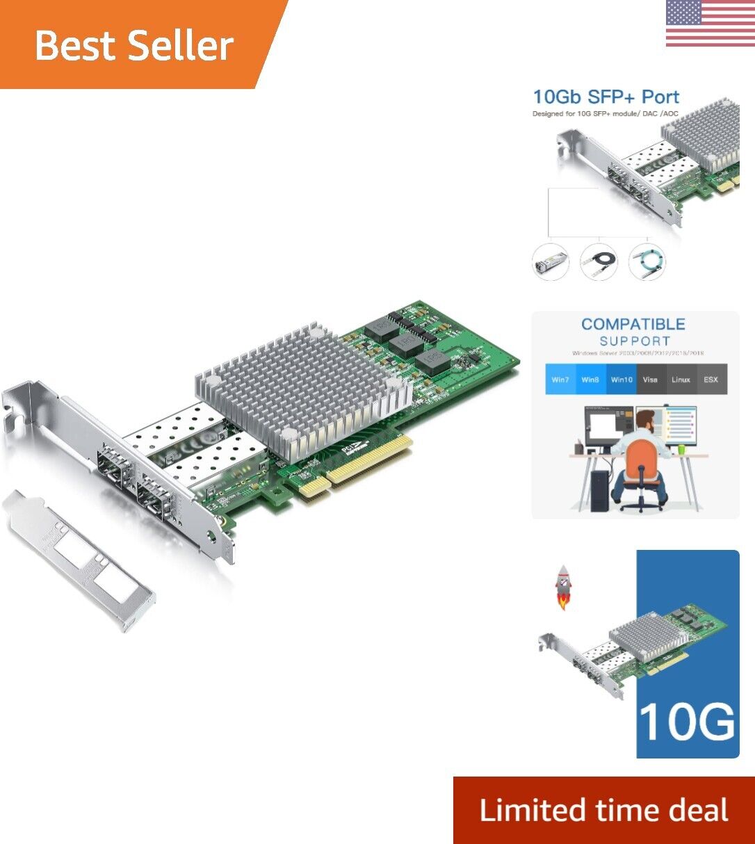 10Gb SFP+ PCI-E Network Card - Dual Port - Broadcom Chip - Windows/Linux/VMware