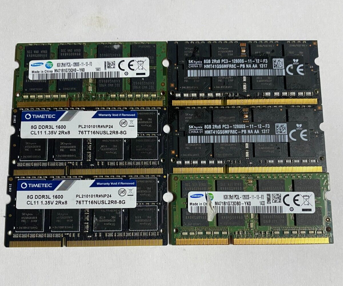Lot of 6 Mix 8GB 2 PC3L-12800S 2 DDR3 12800S 2 DDR3L 1600 Laptop Memory Ram