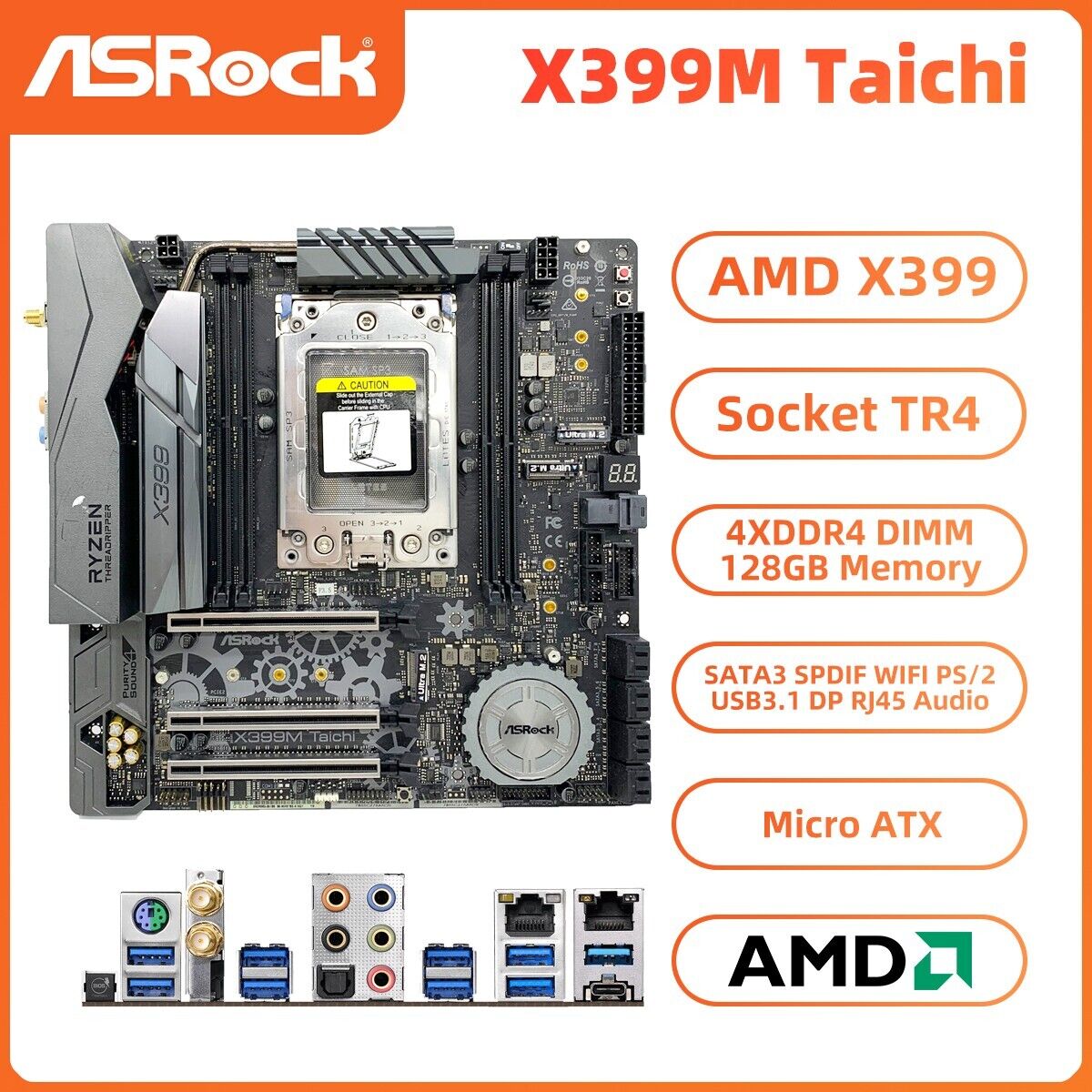 ASRock X399M Taichi Motherboard M-ATX AMD X399 Socket TR4 DDR4 128GB SATA3 WiFi