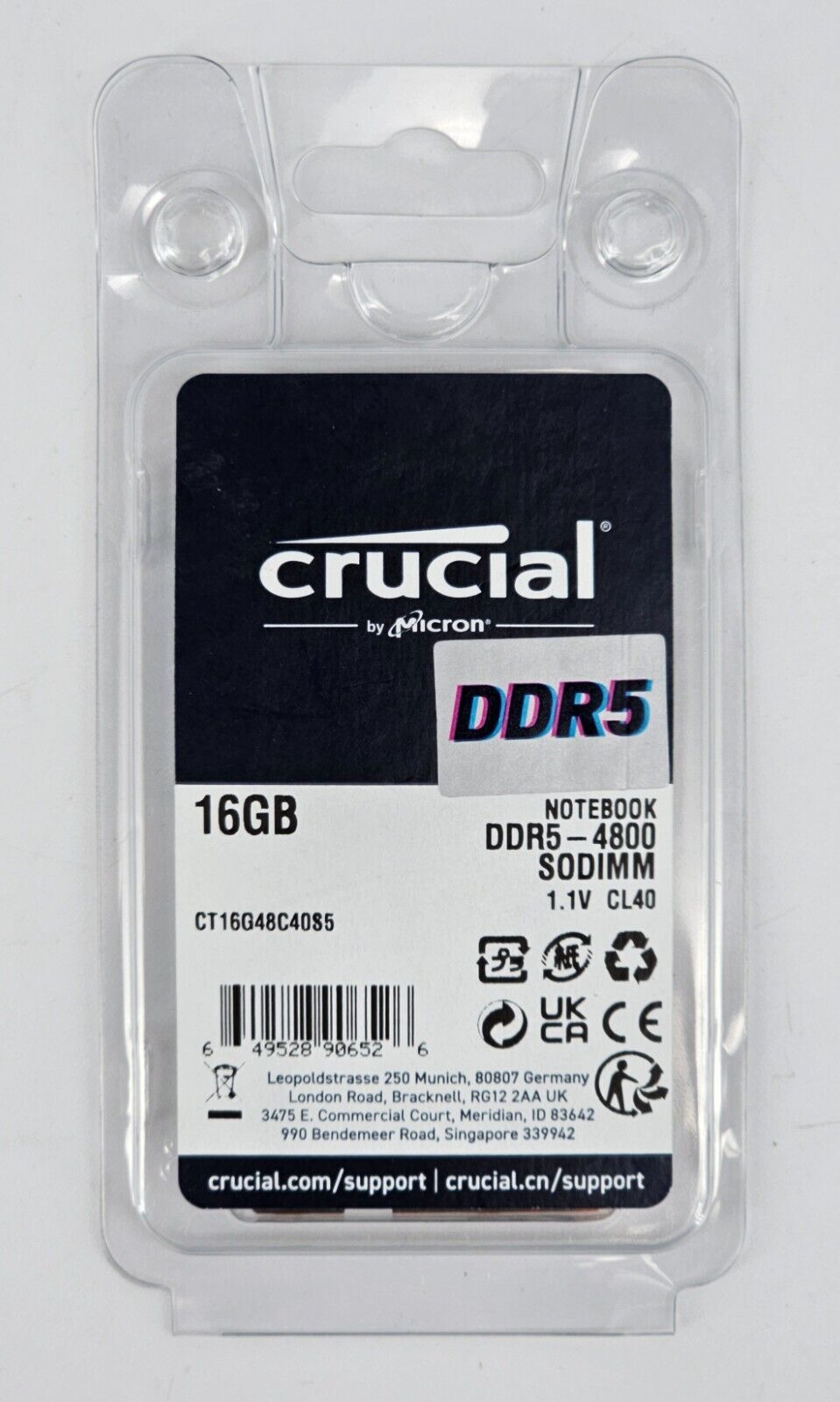 NEW Crucial 16GB DDR5-4800 PC5-38400 262-Pin SODIMM Laptop Memory - CT16G48C40S5