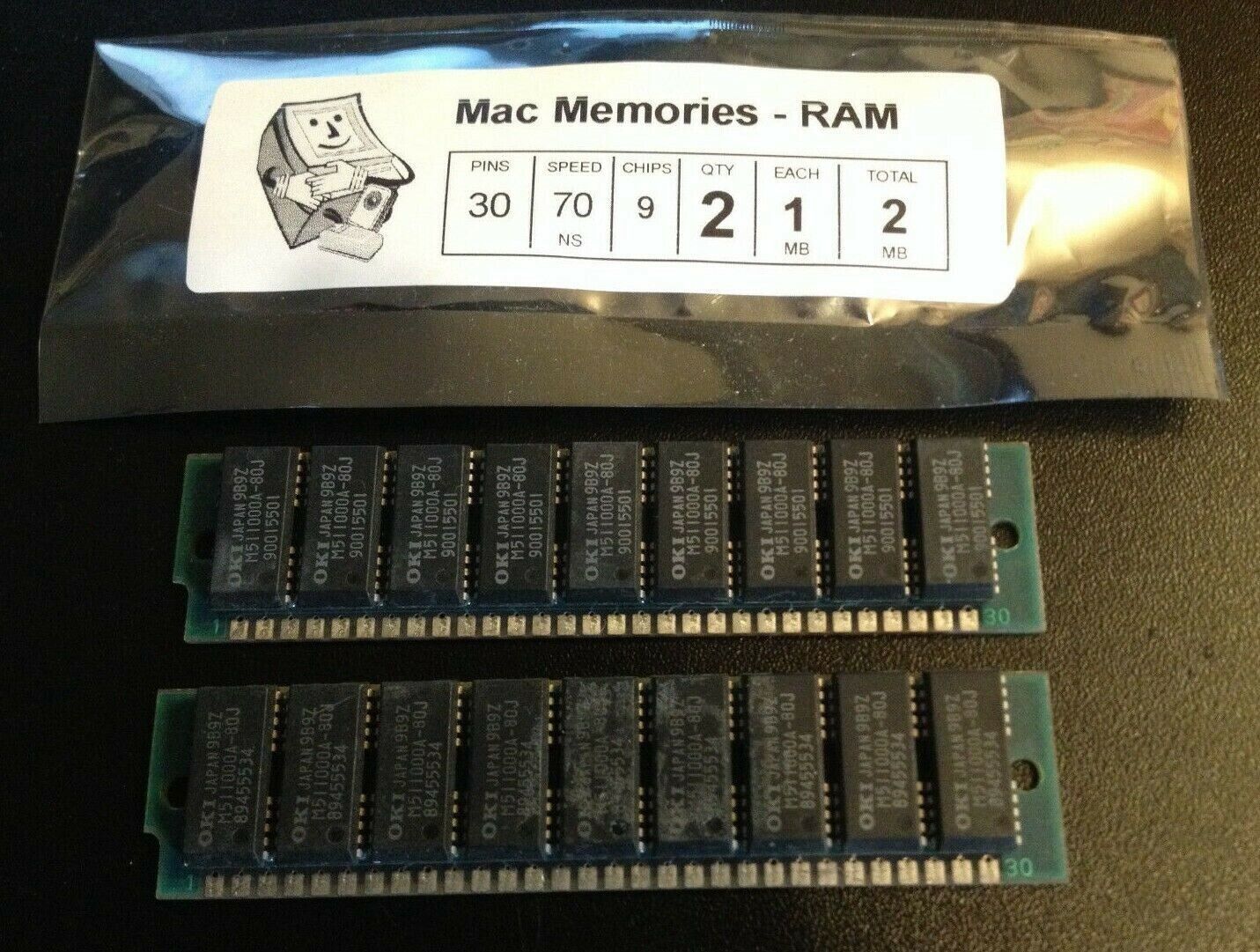 2x 1MB 30-Pin 9-chip Parity 70ns FPM SIMM Plus Classic SE Memory Apple Macintosh