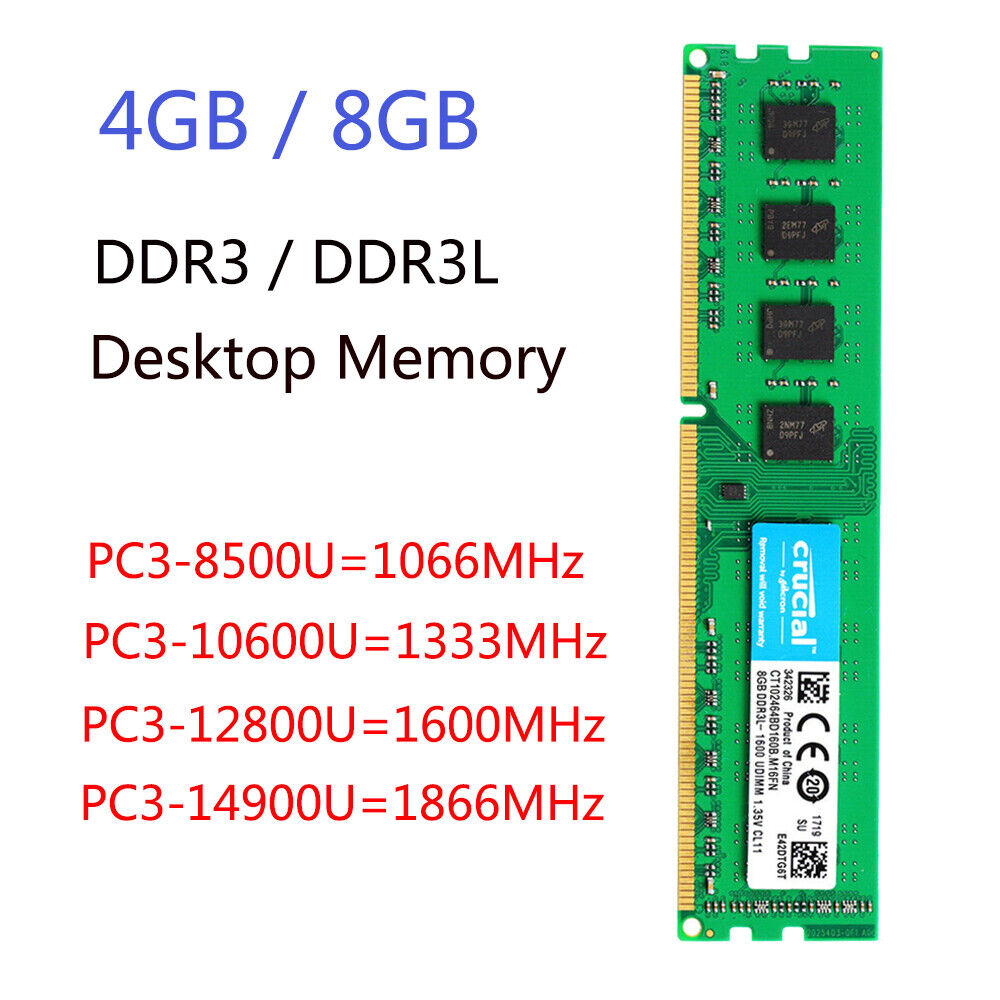CRUCIAL 4GB 8GB DDR3 1600 1066 1333 1866 DDR3L 1.35V DIMM RAM Desktop Memory LOT