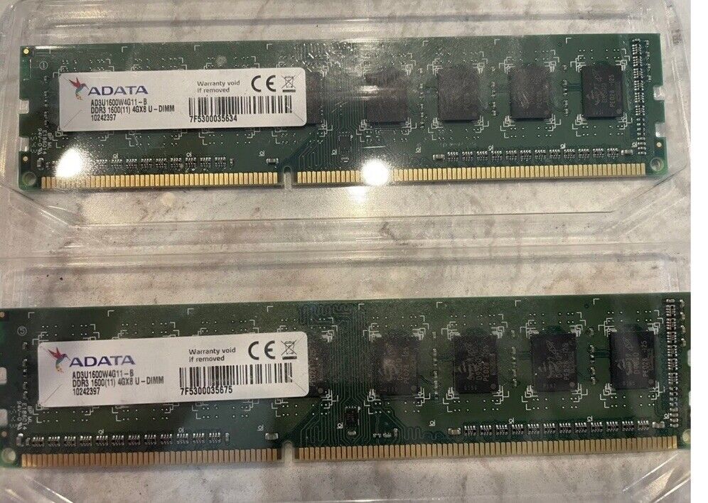 ADATA 8GB (2x4GB) DDR3 AD3U1600W4G11-B 1600(11) 4GX8 U-DIMM Lot Of 2